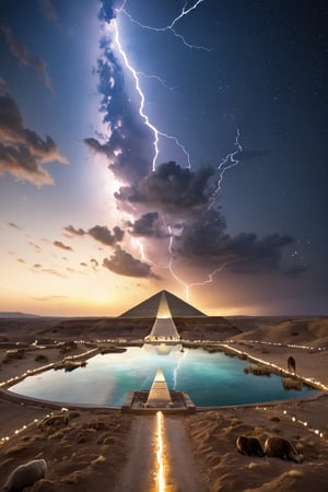 8K, UHD, low-angle ground view, photo-realistic, cinematic, first-person perspective, (white seamless Agate marble:1.1) single polished surface pyramid, pure gold capstone, narrow canal of water across dessert, lightning sparks emitting from tip, shepherds in robes and hoodie herding camels, perfect lighting, stunning, dim skies, constellations clearly seen in skies, cosmic alignment 