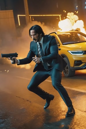 8K, UHD, first-person low-angle perspective, panoramic, photo-realistic, cinematic, destopian lighting, John Wick with pistol driving an electric car, spark from pistol, bullets flying, shooting at multiple enemies in armoured suit, fighting scene from John Wick movie