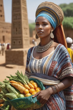 8K, UHD, portrait, full_body perspective, photo-realistic, cinematic, photo of ancient ethopia women in vegetable market, 800 BCE, dark skin, perfect composition, beautiful detailed intricate ancient Lalibela style fashion, detailed patterned fabric headwear, stone jewelry, perfect light, masterpiece, extravagant city of Aksum palace, stone churches, Sabean architecture, obelisk with carvings, Aksumite Civilizations, chickens