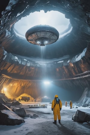 8K, UHD, wide-angle perspective, photo-realistic, cinematic, dystopian misty skies, explorers and scientists in winter suit, antarctica secret underground hangar,  high ceiling cave with crashed giant UFO craft, strange reflective sky mirroring alternate universe,  secret undiscovered world, 