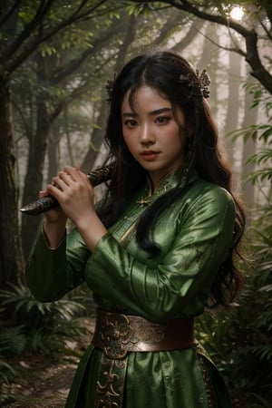 dreamlike movie trailer of beautiful chinese wuxia girl in a magical forest holding a shiny sword, wushu pose, surreal fantasy, highly detailed, in picturesque treetops mountains. Forlorn. Long Exposure. cinematic, atmospheric lighting, detailed foliage, surreal atmosphere, intricate wuxia dressing. photo-realistic portrait