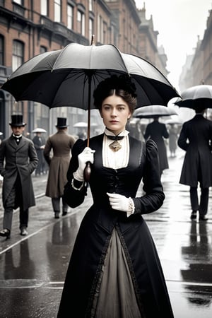 8K, UHD, medium format shot, photorealistic, taken with Brownie camera, black and white photo, Edwardian Era, early 1900s fashion, year 1896, (victorian women in the streets:1.1) victorian umbrella, busy 19th Century streets, horse-carriages and men