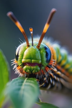 8K, UHD, super macro shot, ultra clear subject,   photo-realistic (caterpillar on plant:1.2) dramatic crop, ƒ/0.8, depth_of_field, 1/2000 shutter speed, super detailed, focus on eyes, insane details, blur background, magnification of 400x