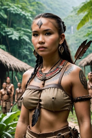 8K, UHD, full_body perspective shot, portrait, photo-realistic, cinematic, ancient mohicans civilization, multiple tribe members, villagers, eagle on hand, tribe village in the jungle, village girl, ultra-detailed, weapons, spears, close to nature, perfect lighting, peaceful, tranquil, vintage photo, tattoos, dirt face, depth of field, bokeh