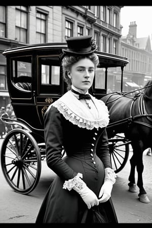 8K, UHD, medium format, photorealistic, portrait, black and white photo, B&W, Edwardian Era, early 1900s fashion, year 1896, (victorian women in the streets:1.1) busy 19th Century streets, horse-carriages and men