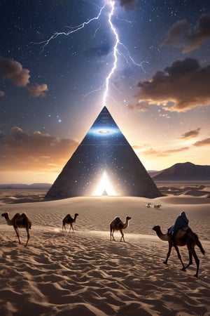 8K, UHD, low-angle ground view, hyper-realistic, cinematic, first-person perspective, (white seamless Agate marble:1.1) single polished smooth surface pyramid, pure gold capstone tip, narrow canal of water across dessert, lightning sparks emitting from tip, shepherds in robes and hoodie herding camels, perfect lighting, stunning, dim skies, constellations clearly seen in skies, cosmic alignment, mystery, magic. free_energy