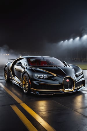 8K, UHD, wide angle view of (Bugatti Chiron), 4-door sedan, futuristic car in vanta black, gold ornate decals, in almost dark outdoors, on runway tarmac, cinematic, total darkness environment, (totally dark background:1.2), volumetric mist, ambient occlusion, (intense close-up view of aircraft flying very low1.1)
