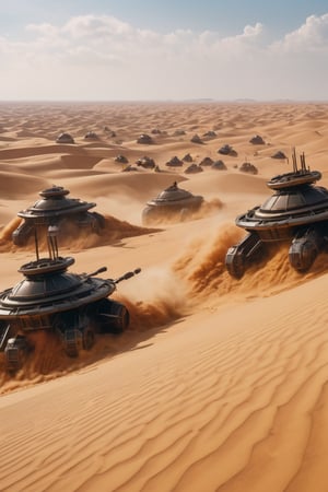 8K, UHD, low-angle perspective, panoramic, photo-realistic, first-person view, cinematic, many gigantic spice harvesters, scene from dune movie, Harkonnen, Atreides and Ordos