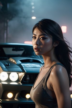 8K, UHD, low-angle perspective (portrait of girls:1.1) photo-realistic, cinematic, dystopian lighting, dark atmosphere, japanese racing,  muscle cars, speed chase, smoke, mist