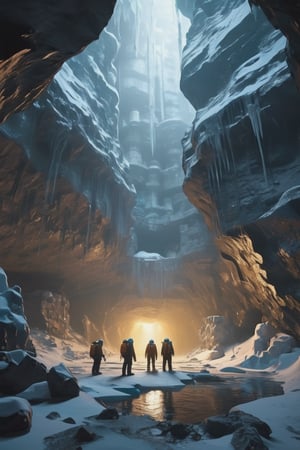 8K, UHD, wide-angle perspective, photo-realistic, cinematic, dystopian misty skies, antartica secret snow base, explorers and scientists in winter suit standing in deep tall underground cave, overlooking a different dimension, underworld filled with research building, reflective sky mirroring the actual world on the ground, lost in liminal space, ground oil drills. octane render, creepy caves, secret undiscovered world, many antarctica explorers wit experimental equipments, prehistorical mystery creatures