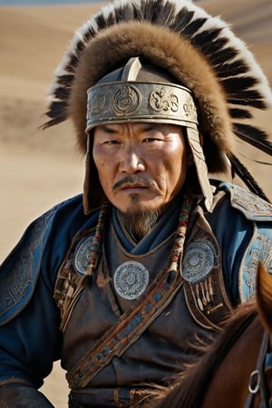 8K, UHD, panaromic shot, photo-realistic, cinematic, dark light, dystopian lighting, photo of ancient mongolians, old man, multiple mongol warriors, tanned skin, perfect composition, detailed intricate ancient mongolian fashion, fighters shooting bows and arrows, swords, war scene, battle, detailed patterned headwear, fur, riding horses, sand volumetric, masterpiece, military tents, charging on horses, gobi desert.