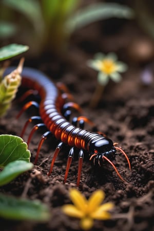 8K, UHD, super macro shot, ultra clear subject,   photo-realistic (dark centipede in soil:1.2) dramatic crop, ƒ/0.8, depth_of_field, 1/2000 shutter speed, super detailed, focus on eyes, insane details, blur background, magnification of 300x, flower