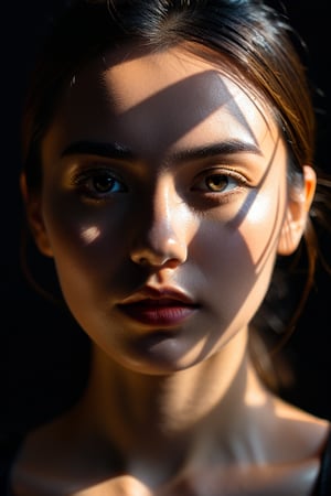 8K, UHD, Fujifilm XT1, angled perspective portraits, photo-realistic, show face only, detailed eyes, pretty girl in front of black background, (shapes light cast on face:1.2) geometrical harsh natural highlights on face, intense sunlight shining through geometrical shape template casting light shadows