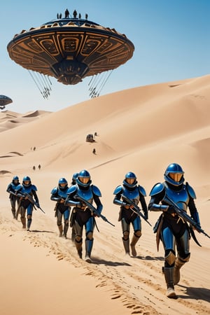 8K, UHD, low-angle perspective, panoramic, photo-realistic, cinematic, scene from dune movie, many Atreides soldiers carry weapon in Atreides base, Blue armour, tinted full helmet, in desert, sand dust blowing, many enormous harvesters, multiple futuristic flying crafts in skies