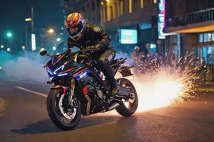 8K, UHD, low angle shot, photo-realistic, cinematic, dramatic angle crop, night street buildings scene with neon streaks, slow shutter speed, big motorbike banking very super low on a bend, knee touching road, eyes seen through helmet,  rider wearing racewear, beautiful 1600cc futuristc bike with neon lights, focused look, depth of field, small sparks on wheel, smoke on back wheel,  chased by police car in background