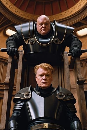 8K, UHD, low-angle perspective, panoramic, photo-realistic, first-person view, cinematic, scene from dune movie, portrait of Harkonnen soldiers carry weapon in house of Harkonnen, indoor palace, bald Baron Vladimir Harkonnen on throne