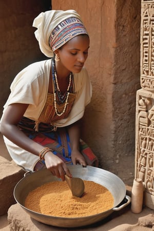 8K, UHD, portrait, full_body perspective, photo-realistic, cinematic, photo of ancient ethopia women cooking at home, 800 BCE, dark skin, perfect composition, beautiful detailed intricate ancient Lalibela style fashion, detailed patterned fabric headwear, stone jewelry, perfect light, masterpiece, extravagant city of Aksum palace, stone churches, Sabean architecture, obelisk with carvings, Aksumite Civilizations, chickens