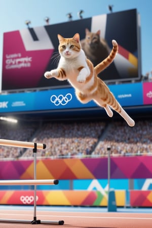 8K, UHD, low-angle perspective, panoramic, photo-realistic, first-person view, cinematic, olympics multiple cats competing in highjump, olympics billboards, crowd in background blur