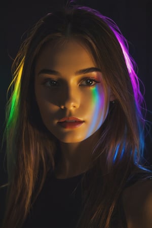 8K, UHD, medium format shot, photo-realistic, cinematic, slow exposure rainbow lights, totally dark indoor environment, minimal lighting, portrait of pretty model girl in fully dark room with no light. all black environment, all black walls, cast with colourful gobo light projection on face, illuminate face only, multi colourful straight parallel rows of light rainbow reflect on face, partial face in dark shadow, 