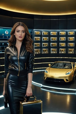 8K, UHD, panaromic candid movie shot, photo-realistic, cinematic, (spy girls:1.1) leather, realistic skintexture, overlapping, spacious, turning number dial open safe vault, gold, black sports car, briefcase, millions of dollars, holographic screen airscreen, bank heist scene, opening vault, biometric, eyescan, 