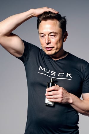 8K, UHD, wide-angle perspective, photo-realistic, cinematic, Elon Musk depressing nozzle of perfume, spraying perfume under his under arm, raised armpit, very fine spread vapour, clothed, word "Musk" on bottle