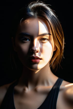 8K, UHD, Fujifilm XT1, perspective portraits, photo-realistic, show face only, pretty girl in front of black background, (geometric light cast on face:1.2) geometrical harsh natural highlights on face, intense sunlight shining through geometrical shape gobo cut-out
