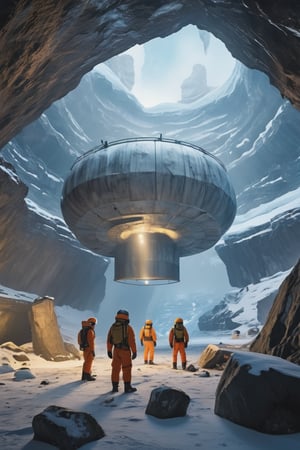 8K, UHD, wide-angle perspective, photo-realistic, cinematic, dystopian misty skies, antarctica secret snow base, 5-storey tall futuristic time capsule, explorers and scientists in winter suit standing in massive underground cave, underworld filled with ancient technology, reflective sky mirroring the actual world on the ground, center of the earth, creepy caves, secret undiscovered world, experimental excavation equipments, prehistorical mystery creatures