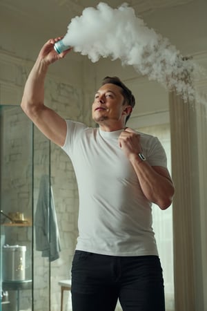 8K, UHD, wide-angle perspective, photo-realistic, cinematic, Elon Musk spraying deodorant in room, very fine vapour,  word "Musk" on bottle