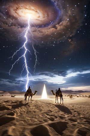 8K, UHD, low-angle ground view, photo-realistic, cinematic, (first-person perspective:1.1) of smooth surface Agate marble pyramid, pure gold capstone, narrow canal of water across dessert, lightning sparks emitting from tip, egyptians in robes and hoodie herding camels feeding, perfect lighting, stunning, dim skies, constellations clearly seen in skies, cosmic alignment 