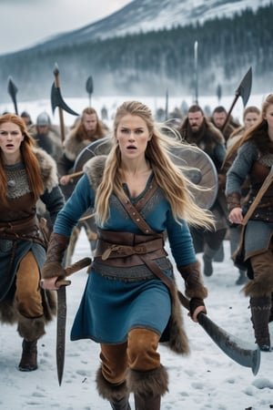 8K, UHD, 35mm wide-angle, perspective, photo-realistic, cinematic, group of female version Viking warriors with long hair and fur winterwear, fight scene, battling action movements, on the opposite side a different evil group all men attacking with axe, detailed majestic nordic world, depth_of_field