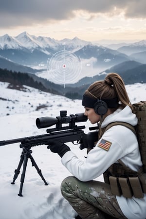 8K, UHD, cinematic, hyper-realistic, view through scope, Barrett MRAD (target crosshair:1.1) (sniper rifle:0.9) aiming at army person, masterpiece, aesthetic, depth, heavy snow mountaintop, girl in white winterwear with hoody, atmospheric mist, hazy environment