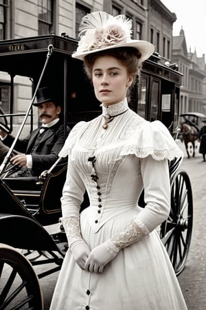 8K, UHD, medium format, photorealistic, portrait, black and white photo, B&W, Edwardian Era, early 1900s fashion, year 1896, (victorian women in the streets:1.1) busy 19th Century streets, horse-carriages and men, vintage gasoline-powered vehicle in background