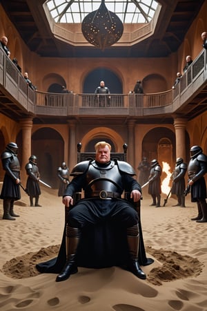 8K, UHD, low-angle perspective, panoramic, photo-realistic, first-person view, cinematic, scene from dune movie, sand dust, portrait of Harkonnen soldiers carry weapon in house of Harkonnen, indoor palace, bald Baron Vladimir Harkonnen on throne