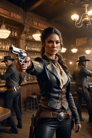 8K, UHD, wide angle shot, photo-realistic, skintexture, cinematic, masterpiece, perfect lighting, bloom, female, pointing revolver at group of thugs in western bar, cowboy shot, wild wild west, old west, shiny silver pistols, shooting thugs, bullets flying, Spurs, gun fights, gloomy sandstorm 