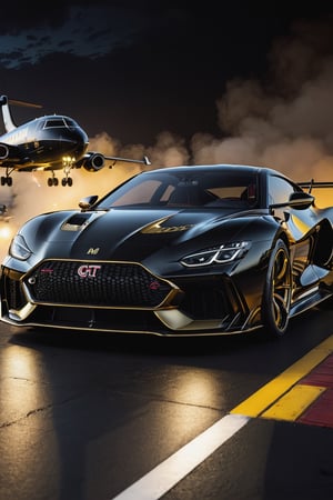 8K, UHD, wide angle view of (Mix GT63 with M8 with RS6), 4-door sedan, futuristic car in vanta black, gold ornate decals, in almost dark outdoors, cinematic, total darkness environment, (totally dark background:1.2), volumetric mist, ambient occlusion, (intense close-up view of aircraft flying very low1.1)
