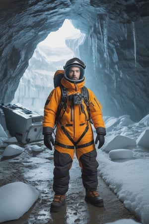 8K, UHD, wide-angle perspective, photo-realistic, cinematic, dystopian misty skies, antarctica secret snow base, 5-storey tall futuristic time capsule, explorers and scientists in winter suit standing in massive underground cave, underworld filled with ancient technology, reflective sky mirroring the actual world on the ground, center of the earth, creepy caves, secret undiscovered world, experimental excavation equipments, prehistorical mystery creatures