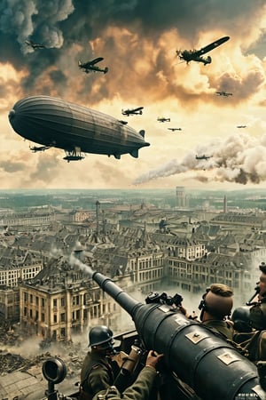 8K, UHD, panaromic perspective, photo-realistic, cinematic, german soldiers shooting machineguns at sky, first-person-view from top of building, photo of many german steampunk blimps in sky, many fighter aircrafts, volumetric cinematic dark light, vintage tinted, dystopian lighting, masterpiece, dark clouds, world war 1, perfect composition, pilot with gas mask in blimp, dystopian skies, old photograph colour, war scene, battle, nazi soldier, tall building, devastation below, demolished buildings, multiple explosions, bombs dropping