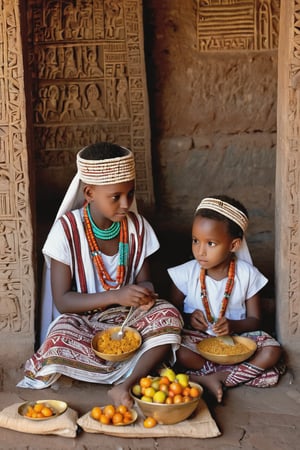 8K, UHD, portrait, full_body perspective, photo-realistic, cinematic, photo of ancient ethopia children eating lunch, 800 BCE, dark skin, perfect composition, beautiful detailed intricate ancient Lalibela style fashion, detailed patterned fabric headwear, stone jewelry, perfect light, masterpiece, extravagant city of Aksum palace, stone churches, Sabean architecture, obelisk with carvings, Aksumite Civilizations, children