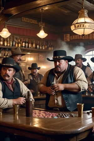 8K, UHD, wide angle shot, photo-realistic, cinematic, masterpiece, perfect lighting, group of fat thugs drinking in bar, gambling, wild wild west, old west, shooting crooks, bullets flying, Spurs, gun fights, gloomy sandstorm, western bar