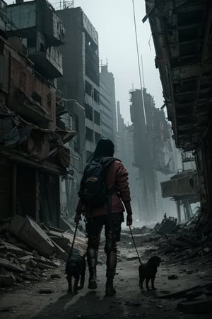 asian girl navigating a post-apocalyptic wasteland with a backpack and dog, cyberpunk, futuristic, dynamic lighting, uplighting, cinematic, atmospheric, detailed textures, gritty aesthetic, cybernetic enhancements