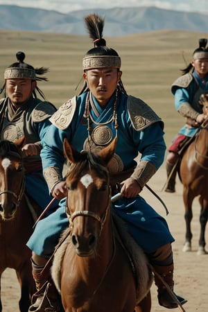 8K, UHD, panaromic shot, photo-realistic, cinematic, dark light, dystopian lighting, photo of ancient mongolians, multiple mongol warriors, tanned skin, perfect composition, detailed intricate ancient mongolian fashion, fighters shooting bows and arrows, swords, war scene, battle, detailed patterned headwear, fur, riding horses, sand volumetric, masterpiece, tents, charging on horses, gobi desert.