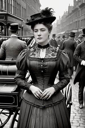 8K, UHD, medium format, photorealistic, portrait, black and white photo, B&W, Edwardian Era, early 1900s fashion, year 1896, (victorian women in the streets:1.1) busy 19th Century streets, horse-carriages and men