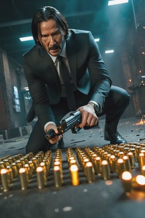 8K, UHD, first-person low-angle perspective, panoramic, photo-realistic, cinematic, destopian lighting, shooting scene from John Wick movie, John Wick with pistol, spark from pistol, bullets flying, enemies in armoured suit