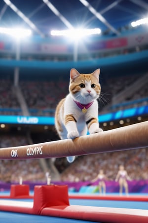 8K, UHD, low-angle perspective, panoramic, photo-realistic, first-person view, cinematic, olympics cats competing in gymnastics, crowd in background blur