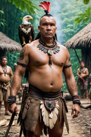 8K, UHD, full_body perspective shot, portrait, photo-realistic, cinematic, ancient mohicans civilization, fat tribe leader, multiple tribe members, villagers, eagle on hand, tribe village in the jungle,  ultra-detailed, weapons, spears, close to nature, perfect lighting, peaceful, tranquil, vintage photo, tattoos, dirt face, depth of field, bokeh
