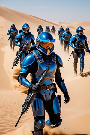 8K, UHD, low-angle perspective, panoramic, photo-realistic, cinematic, scene from dune movie, many Atreides soldiers carry weapon in Atreides base, Blue armour, tinted full helmet, in desert, sand dust blowing, many enormous harvesters, multiple futuristic flying copters in skies