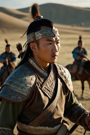 8K, UHD, panaromic shot, photo-realistic, cinematic, dark light, dystopian lighting, photo of ancient mongolians, young man, multiple mongol warriors, tanned skin, perfect composition, detailed intricate ancient mongolian fashion, fighters shooting bows and arrows, swords, war scene, battle, detailed patterned headwear, fur, riding horses, sand volumetric, masterpiece, military tents, charging on horses, gobi desert.