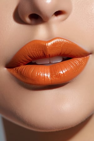 8K, UHD,  macro view, perspective. ultra-detailed, photo-realistic, (female lips:1.1) realistic skin texture and natural skintone, pores, cinematic, crop lips only, beautiful. orange lipstick colour