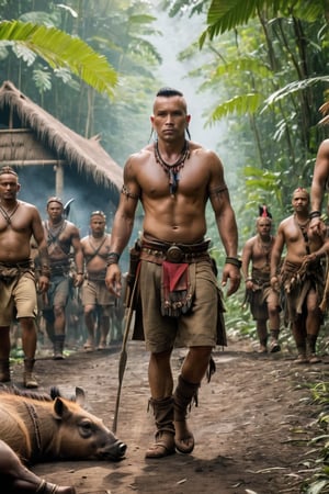 8K, UHD, full_body perspective shot, portrait, photo-realistic, cinematic, ancient mohicans civilization, multiple tribe members, villagers, stepping on a dead boar, tribe village in the jungle, ultra-detailed, weapons, close to nature, perfect lighting, peaceful, tranquil, vintage photo feel, tattoos, dirt face, depth of field, bokeh