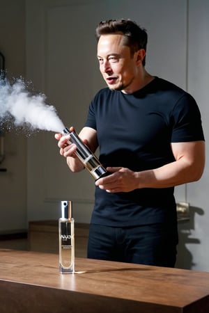 8K, UHD, wide-angle perspective, photo-realistic, cinematic, Elon Musk pressing nozzle of perfume, spraying perfume under his under arm, very fine sprayed from nozzle, clothed, word "Musk" on bottle